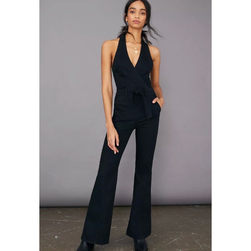 MOTHER The Doozy Halter Flare Leg Denim Jumpsuit in Not Guilty Black sz 29